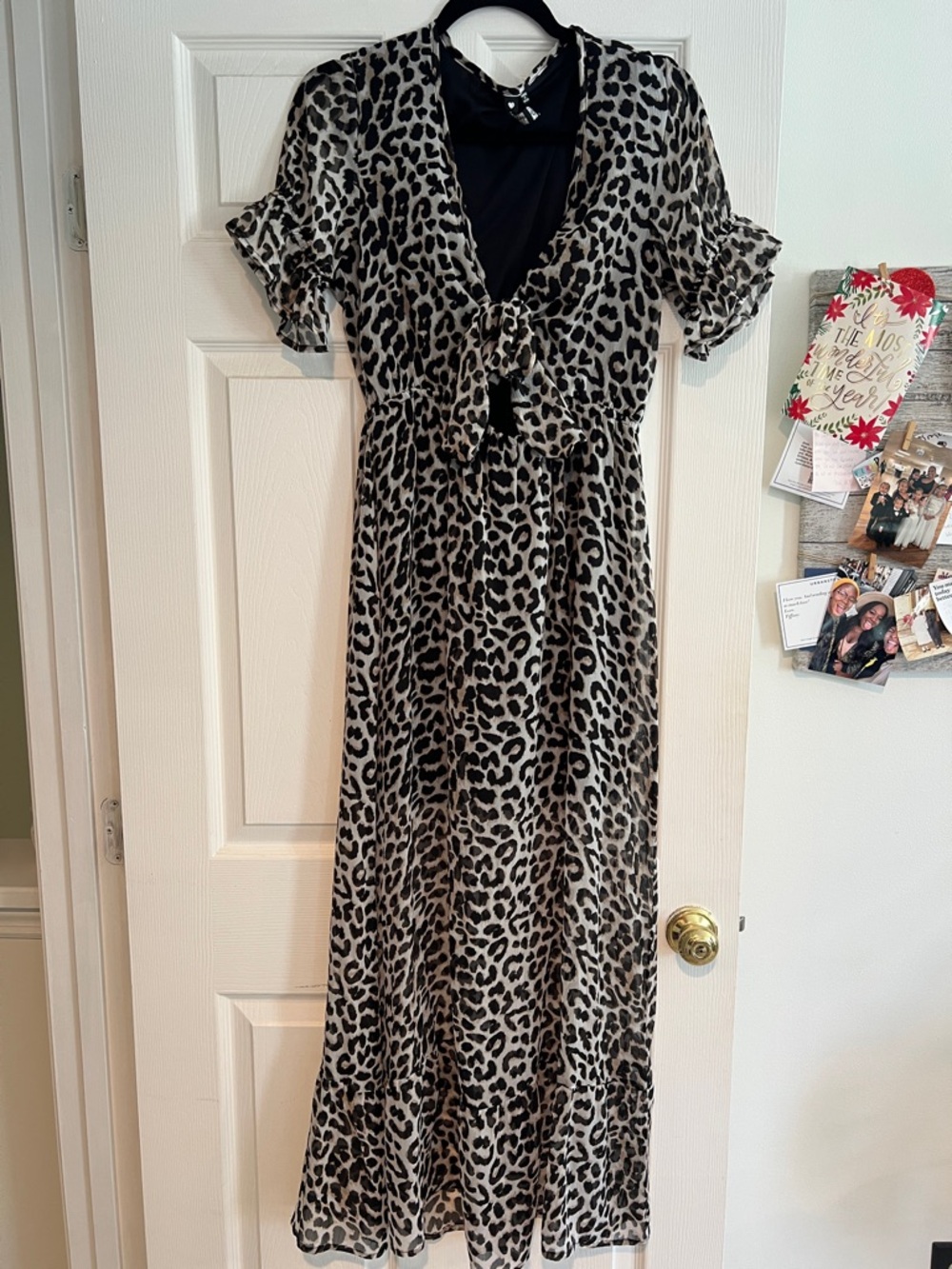 Leopard Print Midi Dress with Tie Front - Beige/Black
